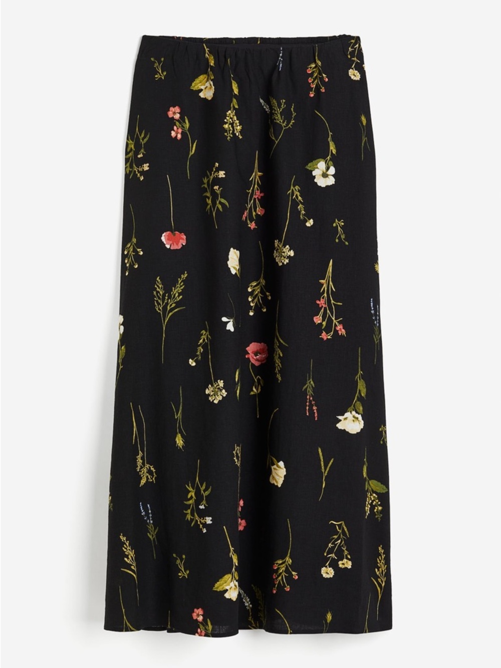 Floral Print Black Midi Linen Skirt